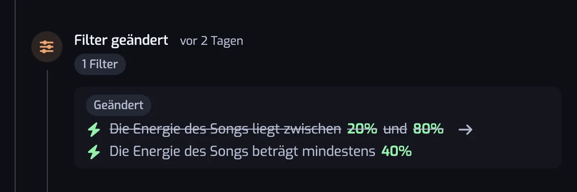 Ein Eintrag Filter geändert mit einem bearbeiteten Energie-Filter, der alte Bereich durchgestrichen und der neue nach einem Pfeil