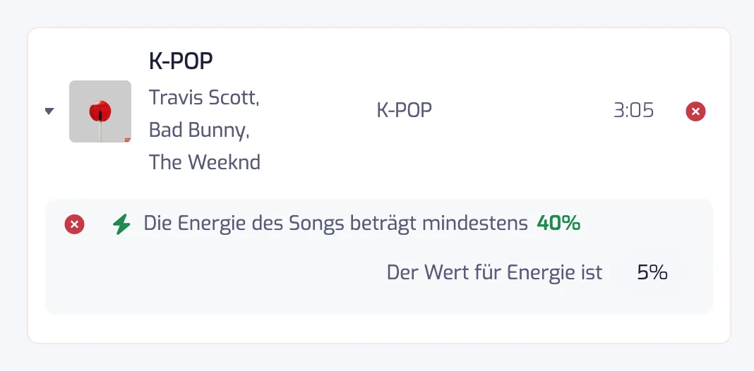 Ein entfernter Song aufgeklappt in einem Verlaufseintrag, mit dem Energie-Filter, an dem er gescheitert ist, und seinem eigenen Energiewert
