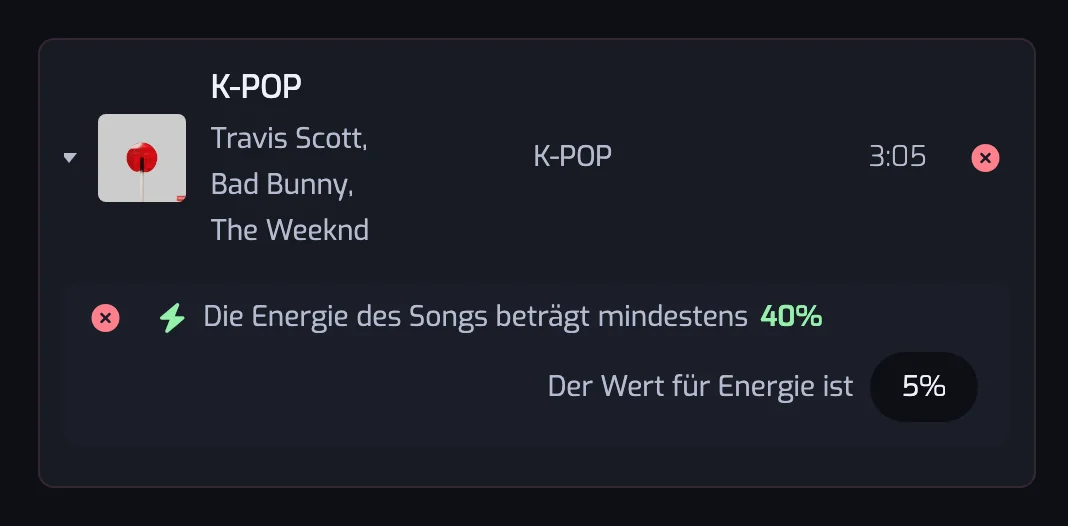 Ein entfernter Song aufgeklappt in einem Verlaufseintrag, mit dem Energie-Filter, an dem er gescheitert ist, und seinem eigenen Energiewert