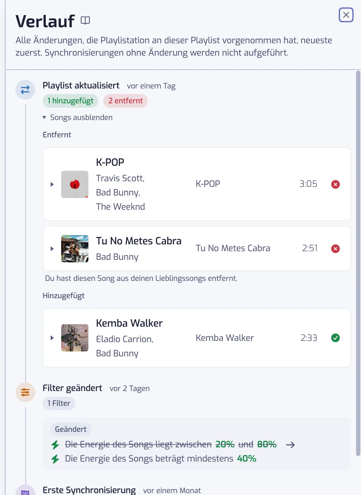 Das Verlauf-Panel mit mehreren Einträgen: eine Aktualisierung mit hinzugefügten und entfernten Songs, eine Filteränderung und die erste Synchronisierung