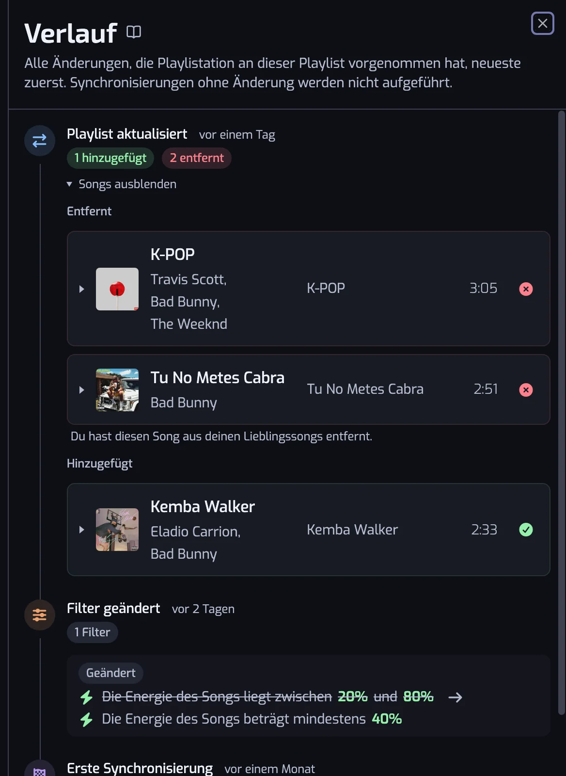 Das Verlauf-Panel mit mehreren Einträgen: eine Aktualisierung mit hinzugefügten und entfernten Songs, eine Filteränderung und die erste Synchronisierung