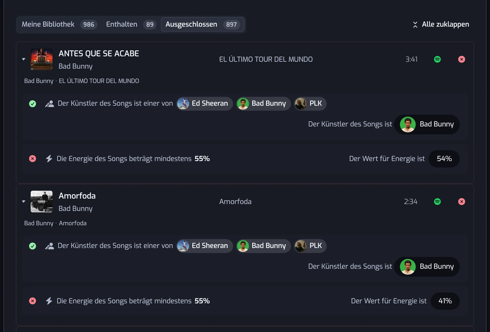 Der Tab Ausgeschlossen mit Alle zuklappen: Jede Songzeile zeigt ihre Filter, ein grünes Häkchen beim Künstler-Filter und ein rotes Kreuz beim Energie-Filter, mit dem Energie-Wert des Songs