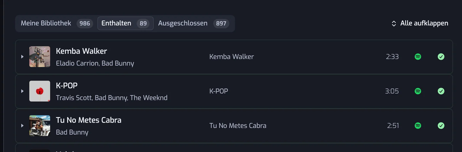 Der Tab Enthalten ist gewählt: Jede Zeile endet mit einem grünen Häkchen