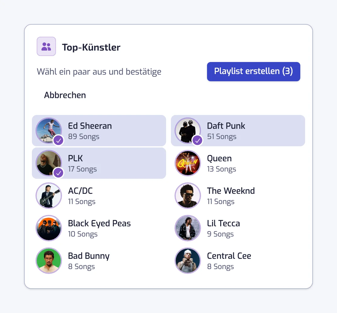 Die Karte Top-Künstler auf der Stats-Seite im Auswahlmodus, mit drei angehakten Künstlern und dem Button Playlist erstellen (3)