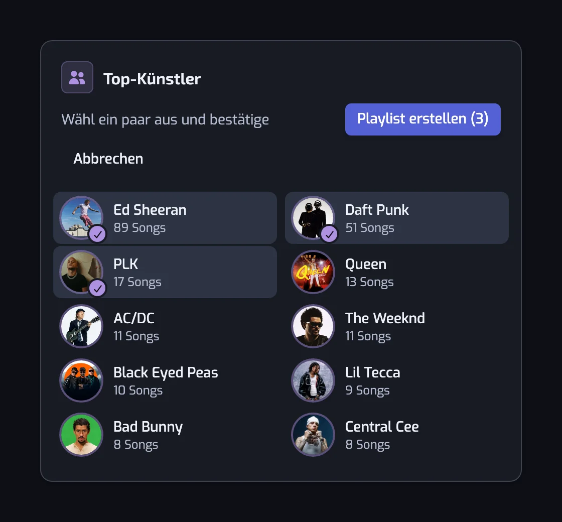 Die Karte Top-Künstler auf der Stats-Seite im Auswahlmodus, mit drei angehakten Künstlern und dem Button Playlist erstellen (3)