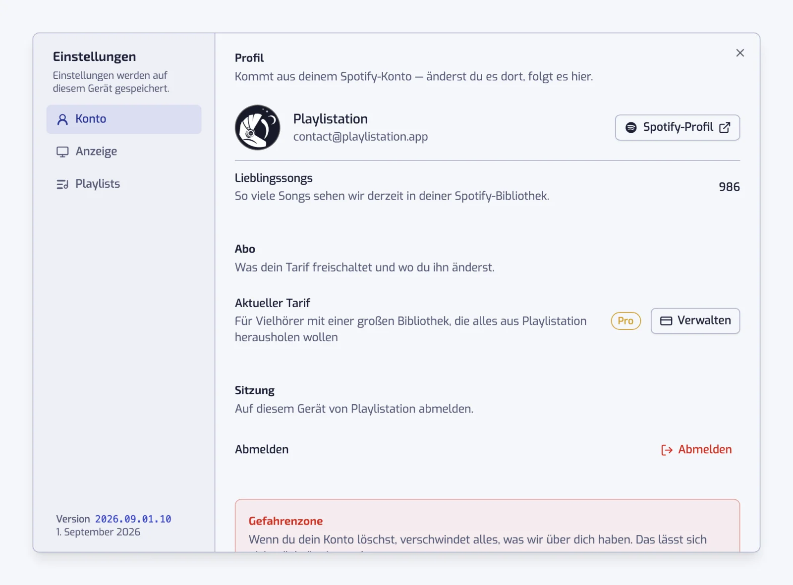 Der Einstellungen-Dialog, geöffnet auf dem Abschnitt Konto, mit den Abschnitten Konto, Anzeige und Playlists links