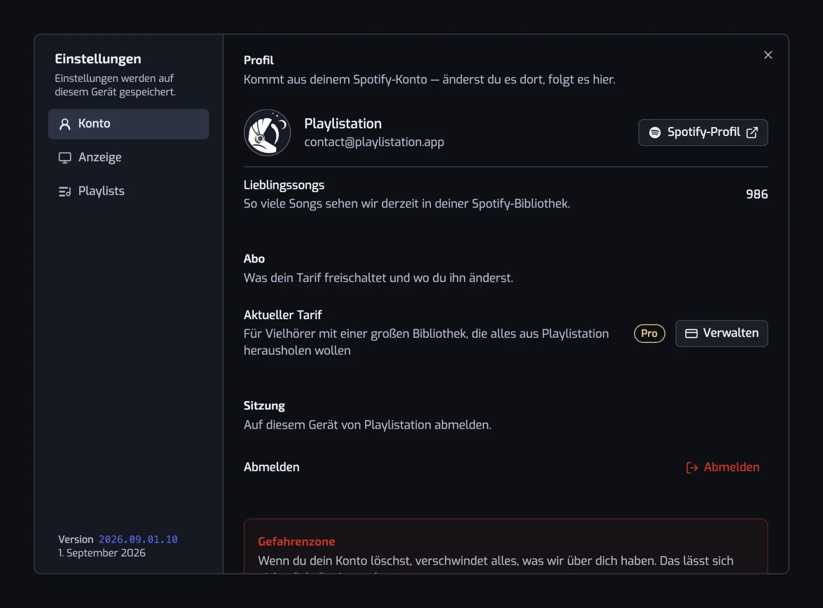 Der Einstellungen-Dialog, geöffnet auf dem Abschnitt Konto, mit den Abschnitten Konto, Anzeige und Playlists links