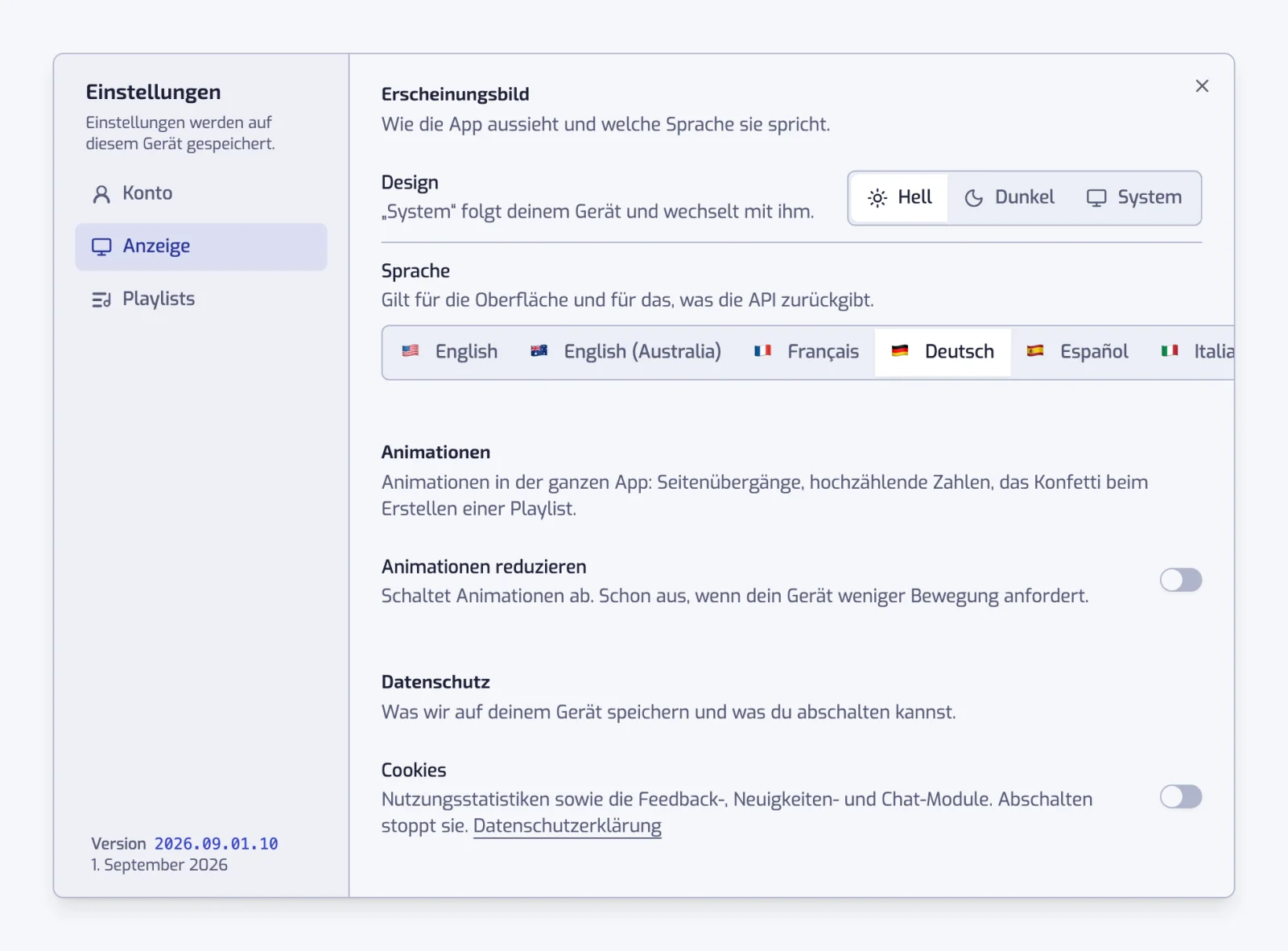 Der Abschnitt Anzeige mit den Umschaltern für Design und Sprache, dem Schalter Animationen reduzieren und dem Schalter Cookies unter Datenschutz