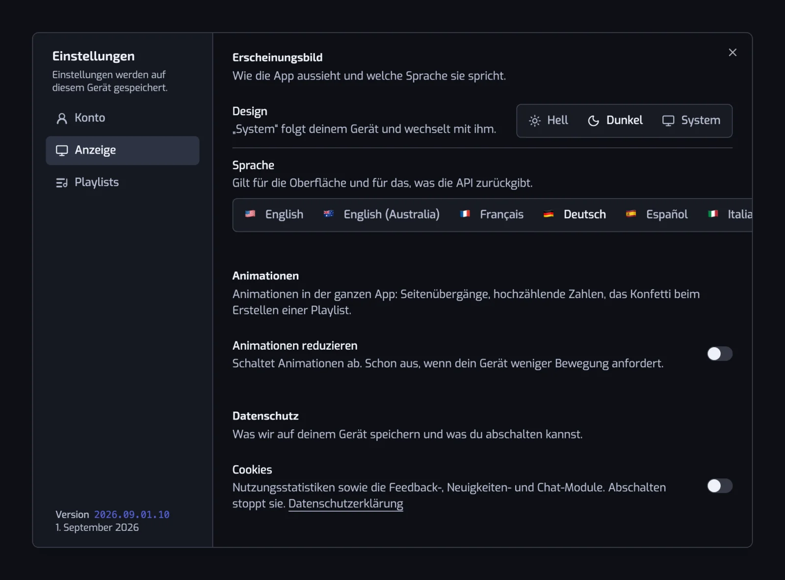 Der Abschnitt Anzeige mit den Umschaltern für Design und Sprache, dem Schalter Animationen reduzieren und dem Schalter Cookies unter Datenschutz