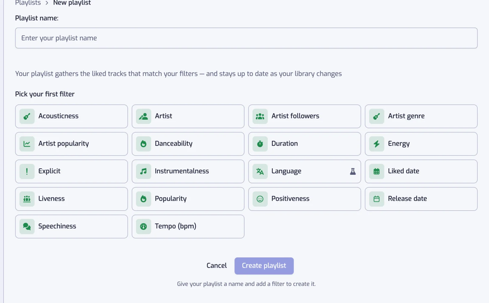 The create page with the Playlist name field, the grid of filter types and the Create playlist button