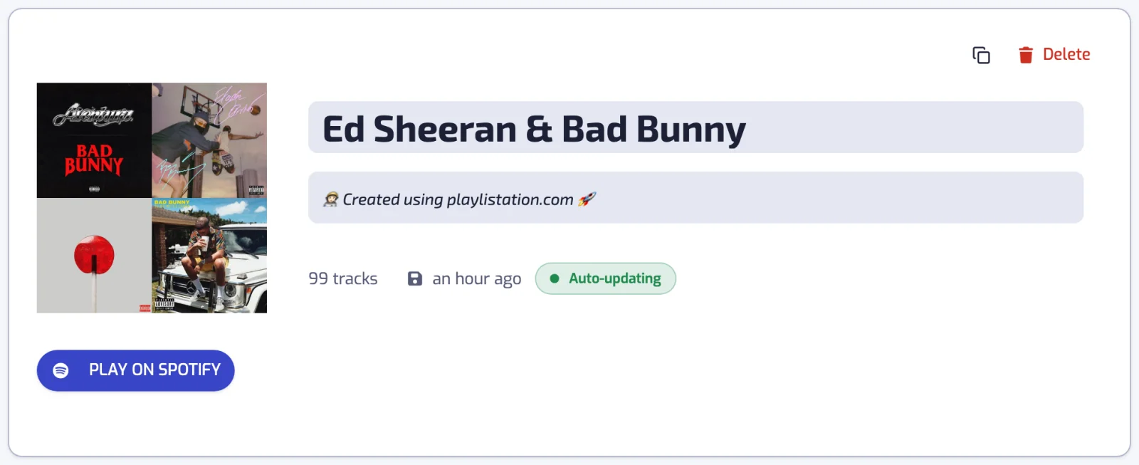 A playlist page: cover, editable name and description, track count, sync status and the PLAY ON SPOTIFY button