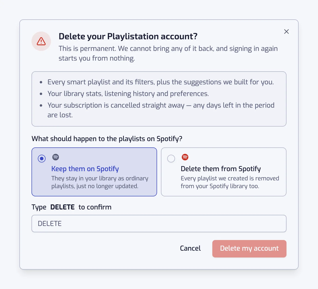 The delete-account dialog with the Keep them on Spotify and Delete them from Spotify options and the confirmation field