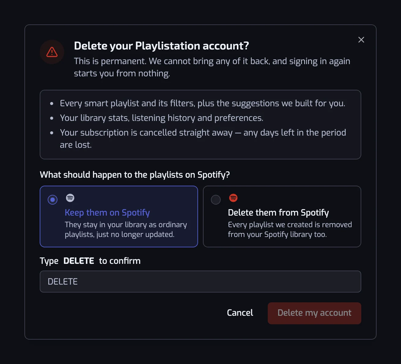 The delete-account dialog with the Keep them on Spotify and Delete them from Spotify options and the confirmation field