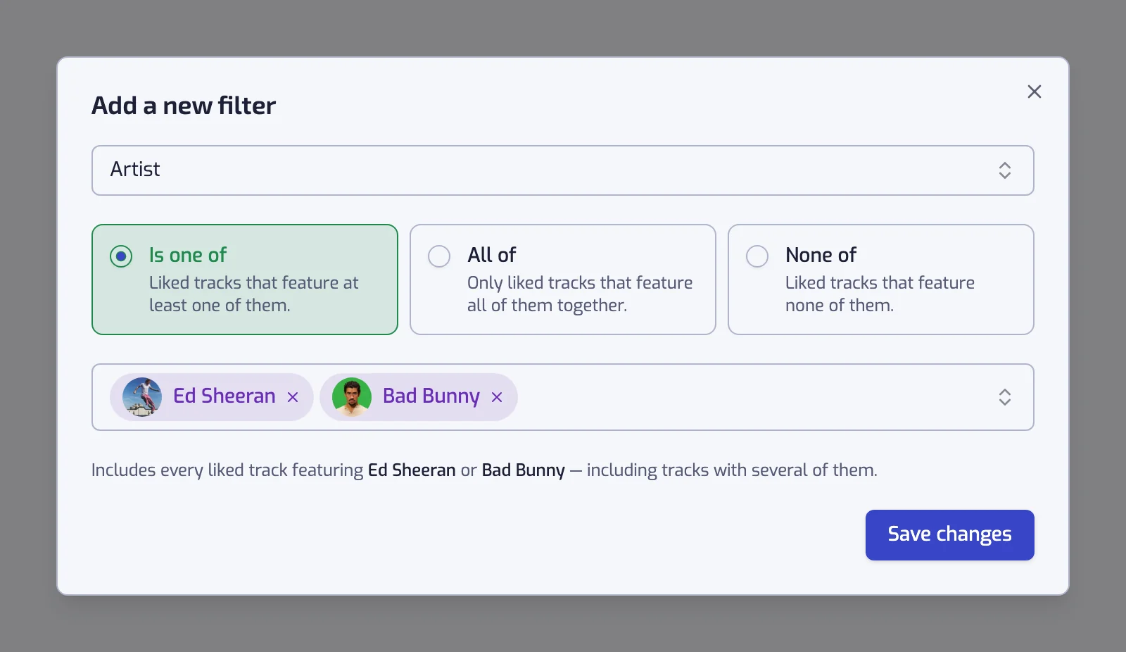 The Artist filter dialog with the Is one of, All of and None of cards and two artists selected