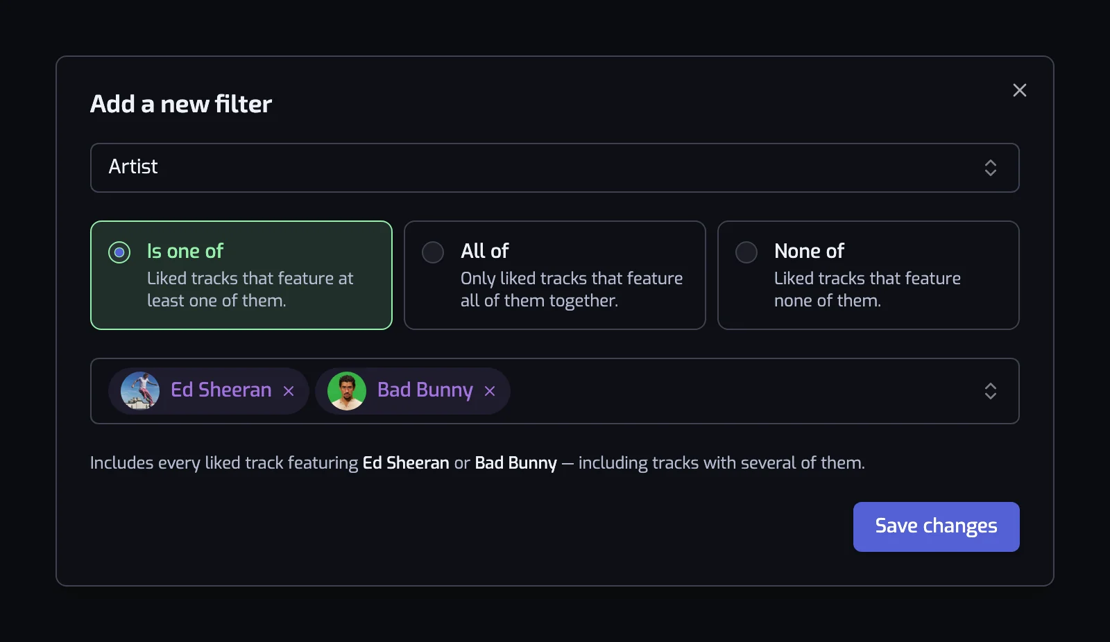 The Artist filter dialog with the Is one of, All of and None of cards and two artists selected