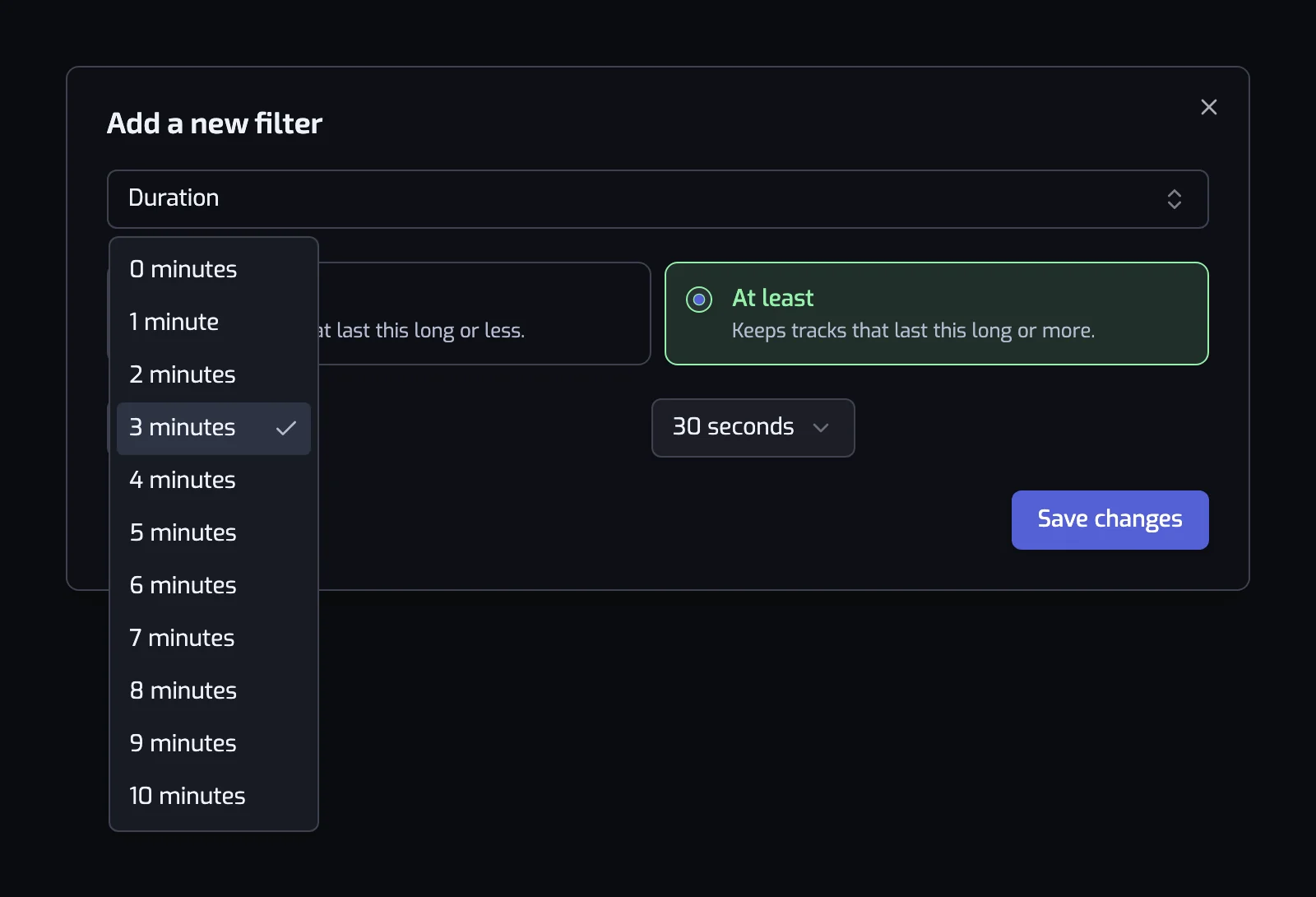 The Duration filter dialog with the At least and At most cards, the minutes list open next to the seconds control