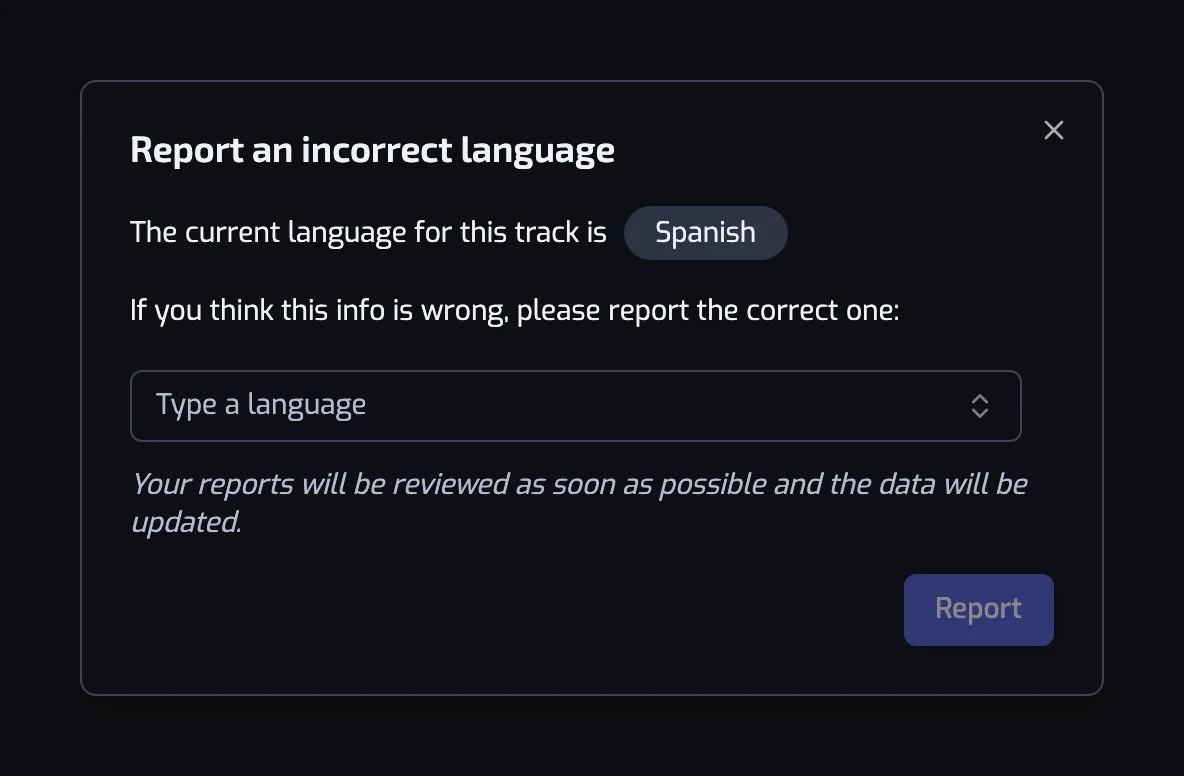 The Report an incorrect language dialog, with the current language and a picker for the right one