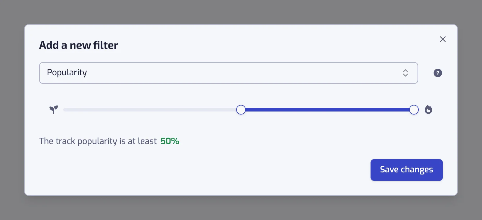 The Popularity filter dialog with its two-handle slider and the sentence below it