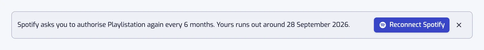 The banner at the top of the app: Spotify asks you to authorize Playlistation again every 6 months, with the date yours runs out and a Reconnect Spotify button
