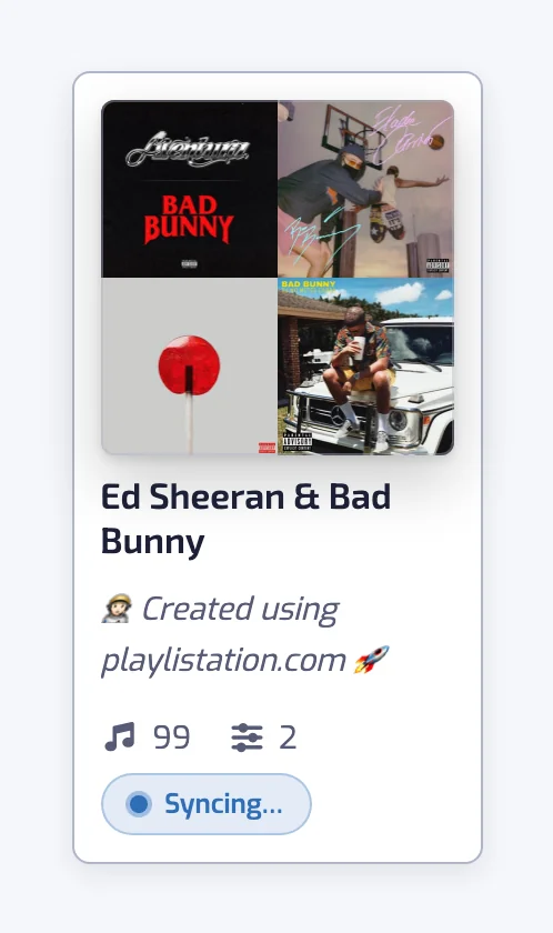 A playlist card showing the Syncing status pill next to its track count