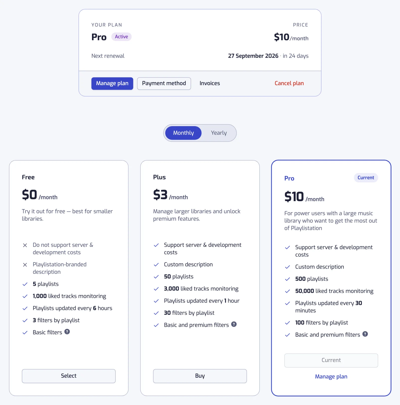 The Subscription page with the Monthly and Yearly toggle and the Free, Plus and Pro cards