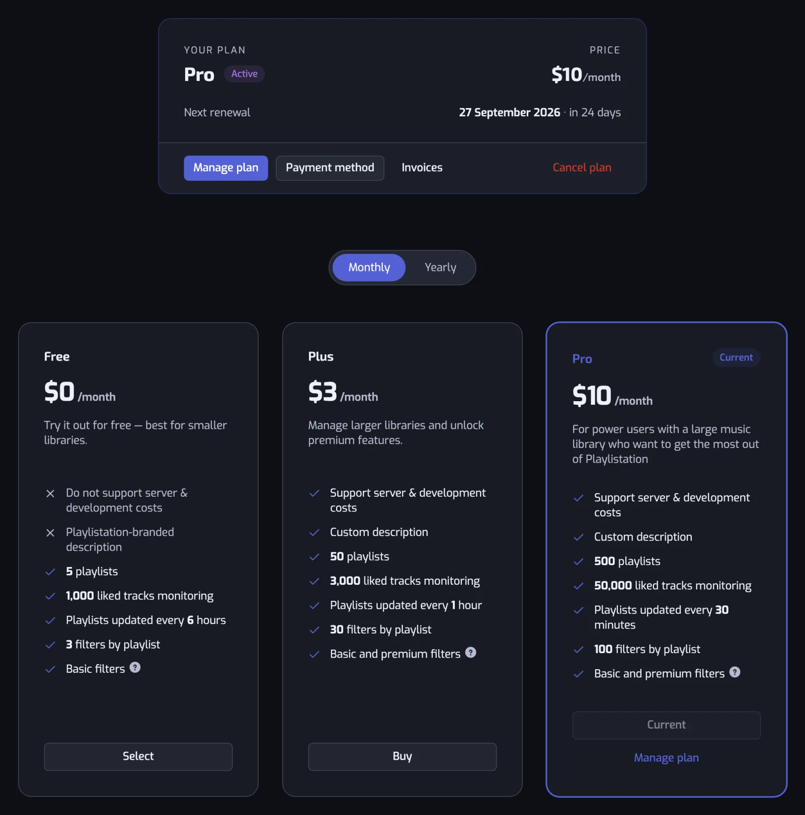 The Subscription page with the Monthly and Yearly toggle and the Free, Plus and Pro cards