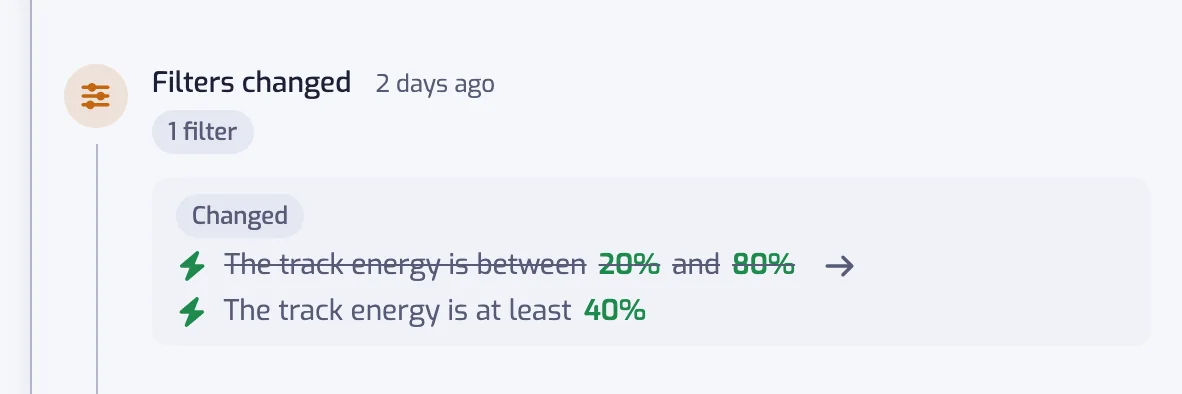 A Filters changed entry showing an edited Energy filter, with the previous range struck through and the new one after an arrow