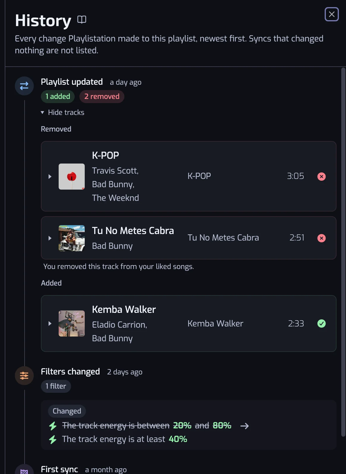 The history panel showing several entries: a playlist update with tracks added and removed, a filter change, and the first sync