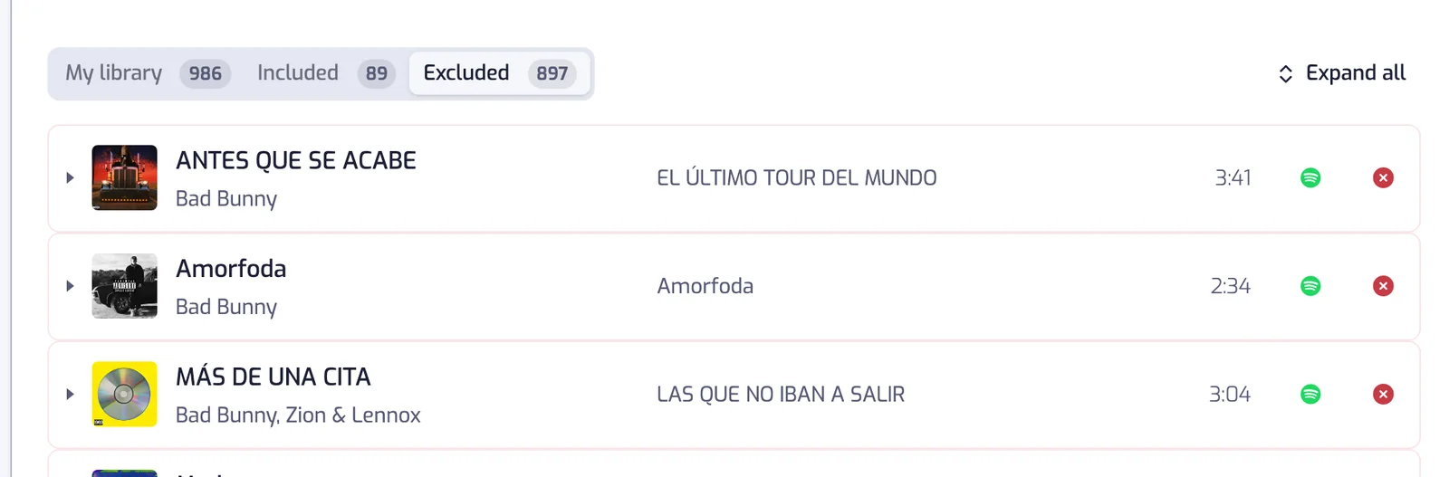 The Excluded tab selected: every row ends with a red cross