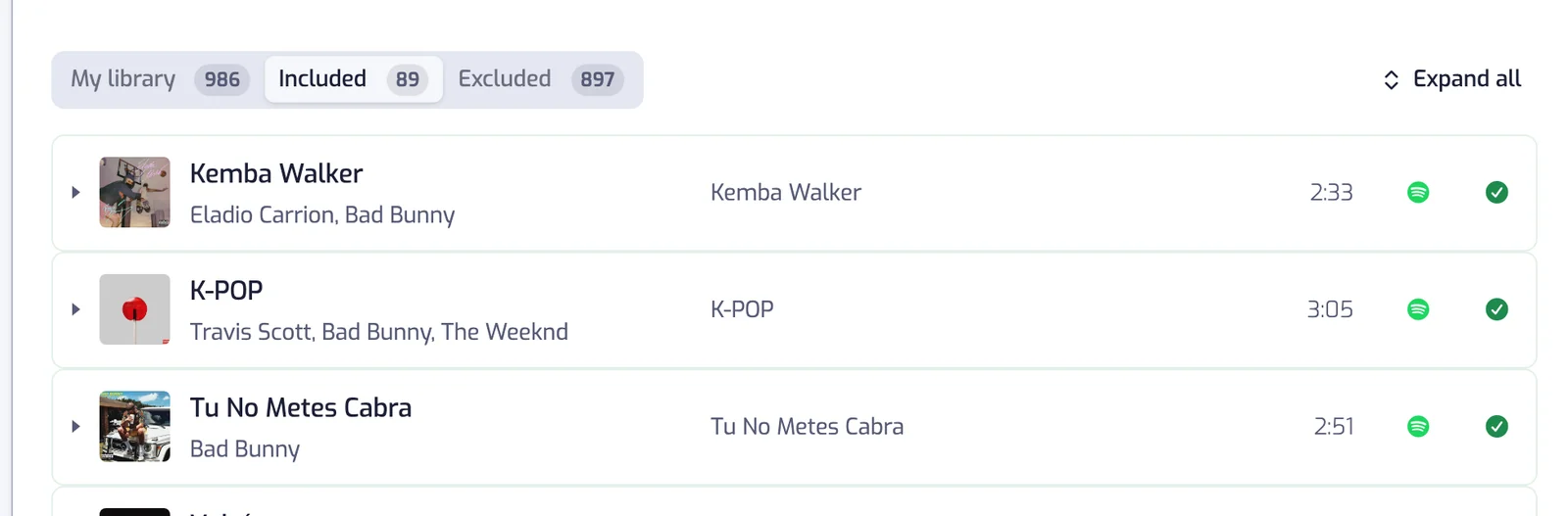 The Included tab selected: every row ends with a green check