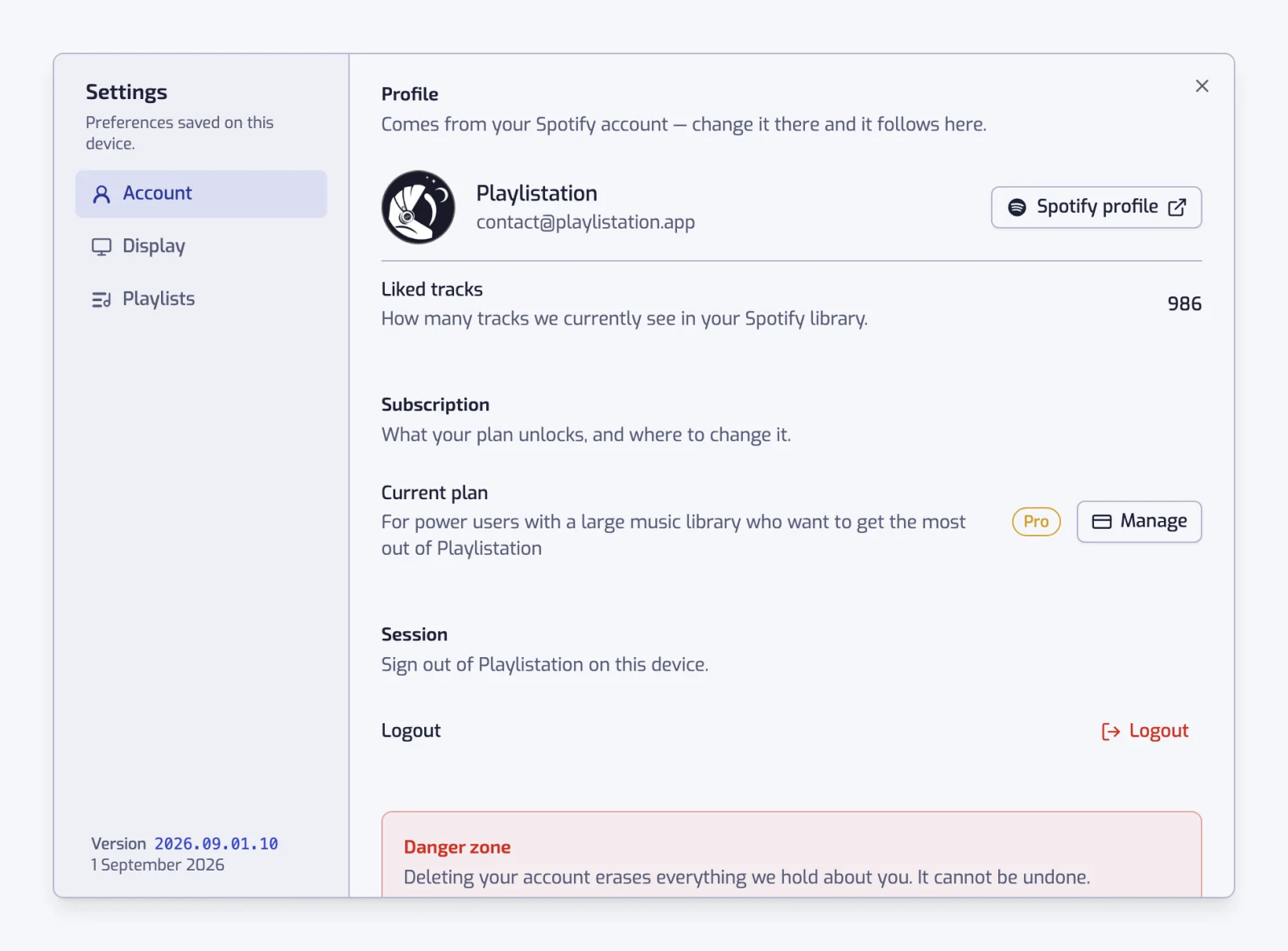 The settings dialog open on the Account section, with the Account, Display and Playlists sections listed on the left
