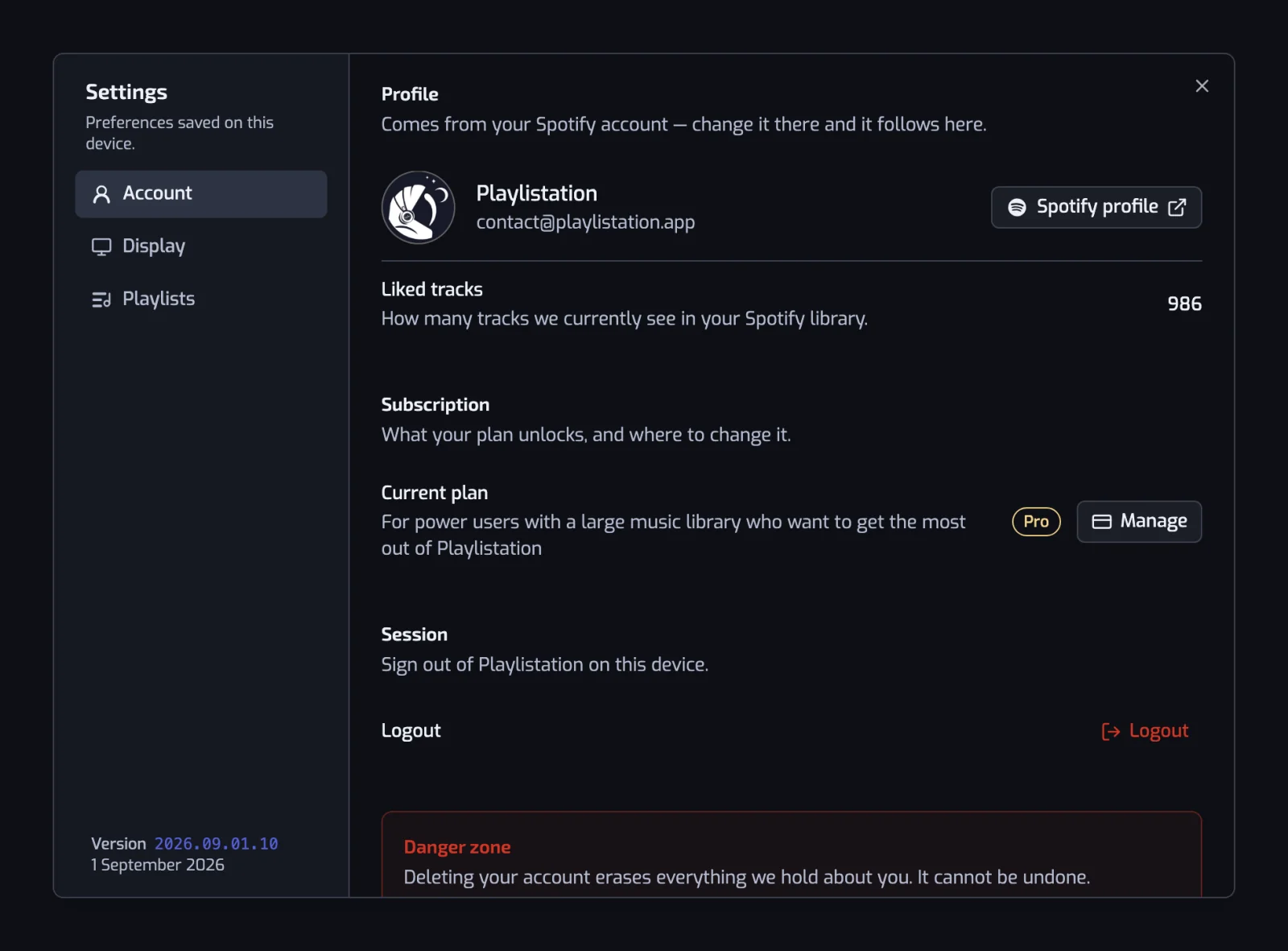 The settings dialog open on the Account section, with the Account, Display and Playlists sections listed on the left