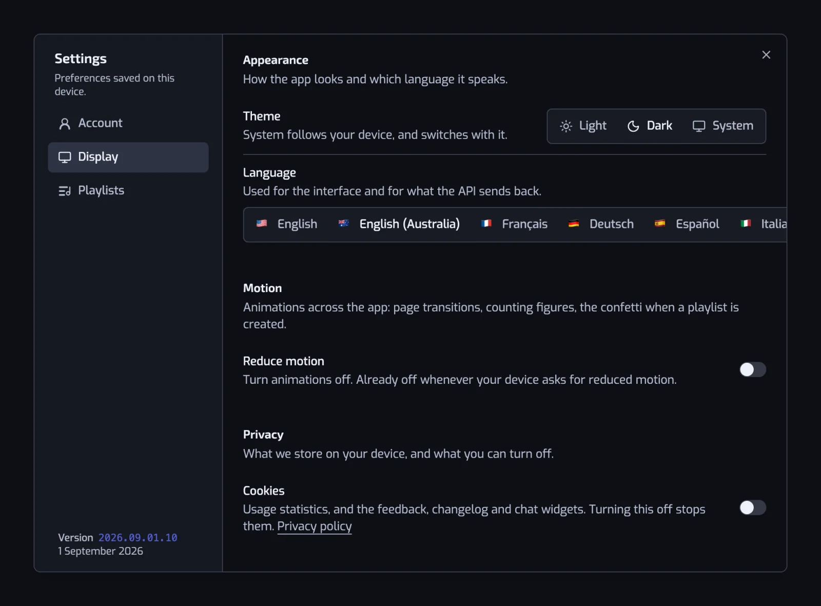 The Display section with the Theme and Language segmented controls, the Reduce motion switch and the Cookies switch under Privacy