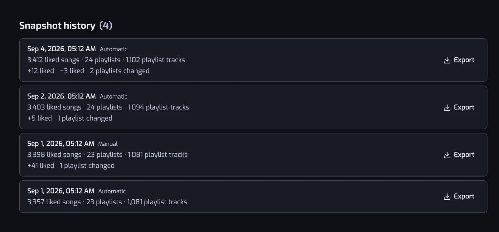 The Backups page listing backups newest first, each with its date, its track and playlist counts, and the change since the previous one