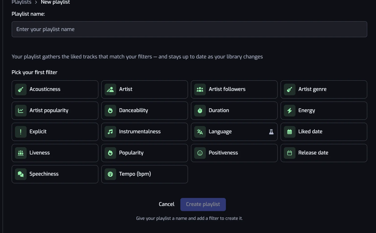 The create page with the Playlist name field, the grid of filter types and the Create playlist button