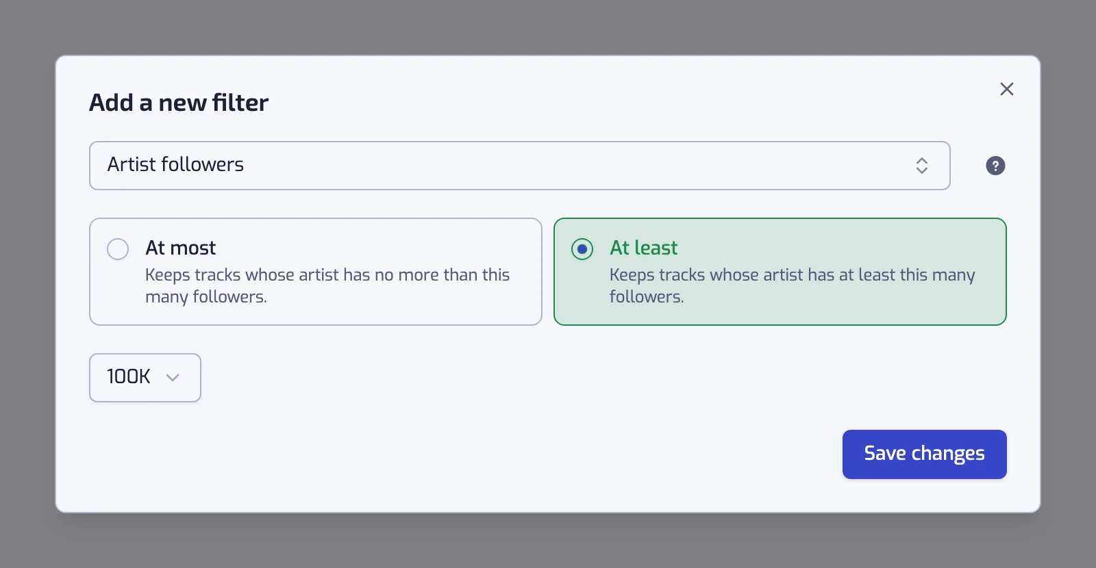 The Add a new filter dialog showing the filter type box, the operator cards and the value control