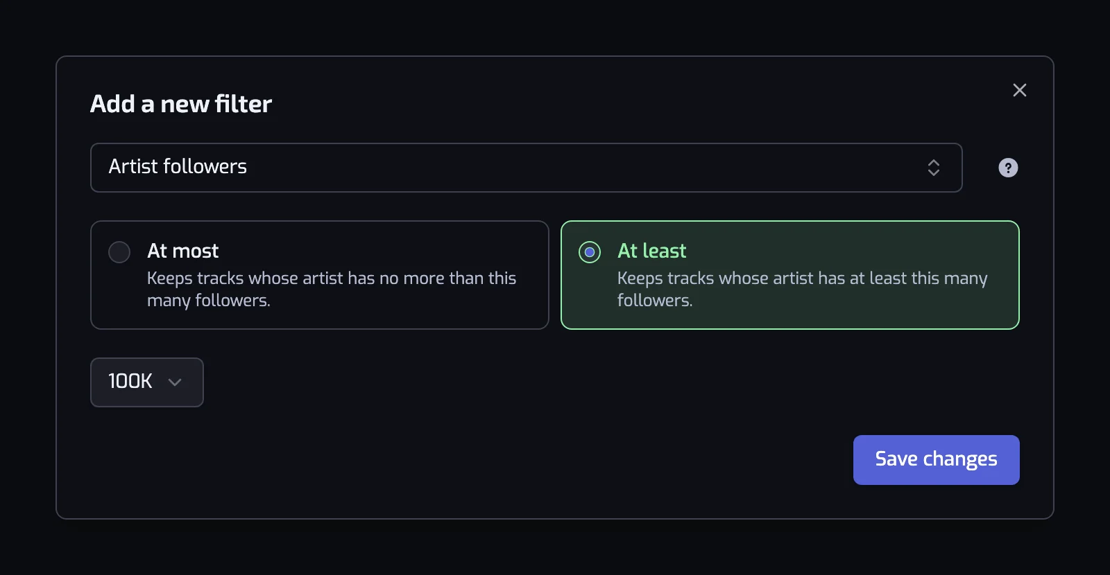 The Add a new filter dialog showing the filter type box, the operator cards and the value control