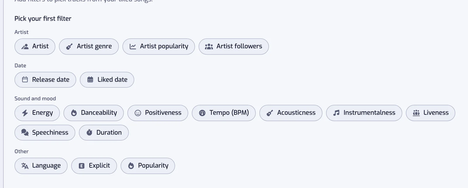 The New playlist page with the filter types as buttons, grouped under Artist, Date, Sound and mood and Other