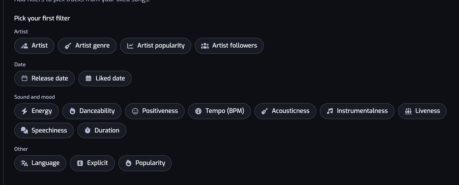 The New playlist page with the filter types as buttons, grouped under Artist, Date, Sound and mood and Other