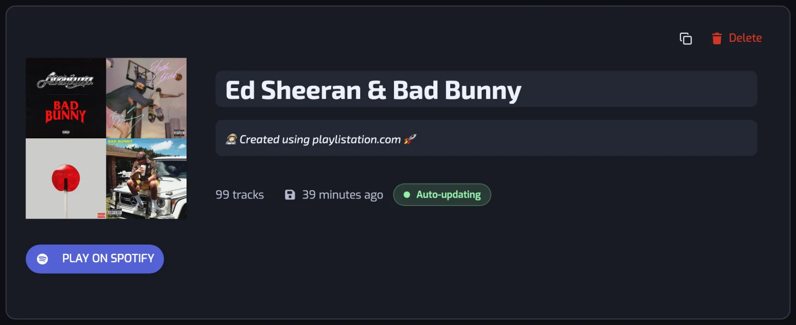 A playlist page: cover, editable name and description, track count, sync status and the PLAY ON SPOTIFY button