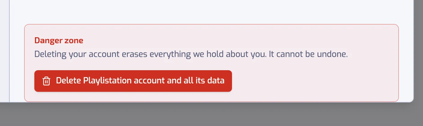 The Danger zone at the bottom of the Account settings with the Delete Playlistation account and all its data button