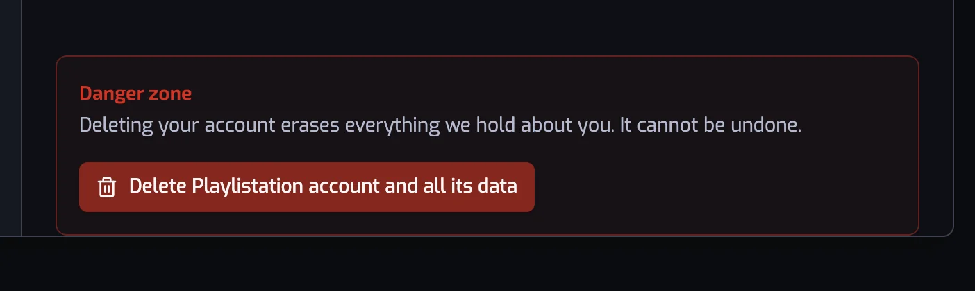 The Danger zone at the bottom of the Account settings with the Delete Playlistation account and all its data button