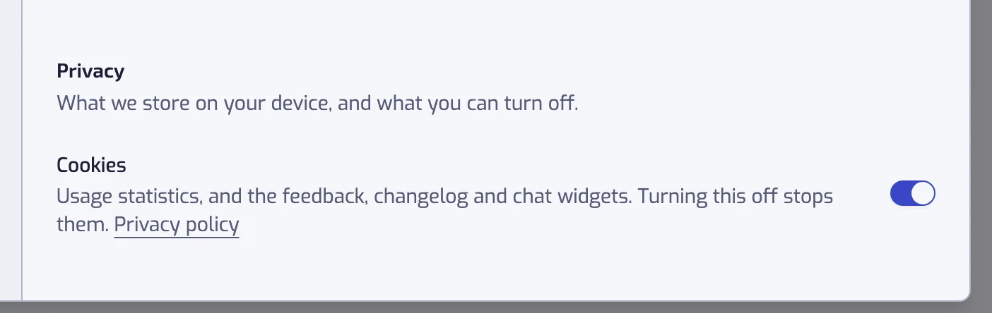 The Privacy heading of the Display settings section, with the Cookies switch