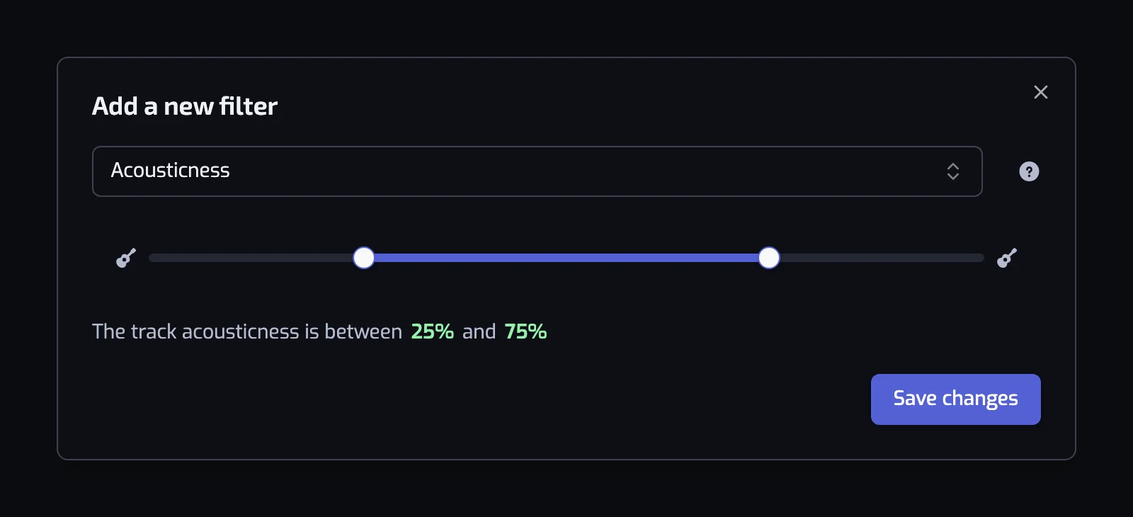 The Acousticness filter dialog with its two-handle slider