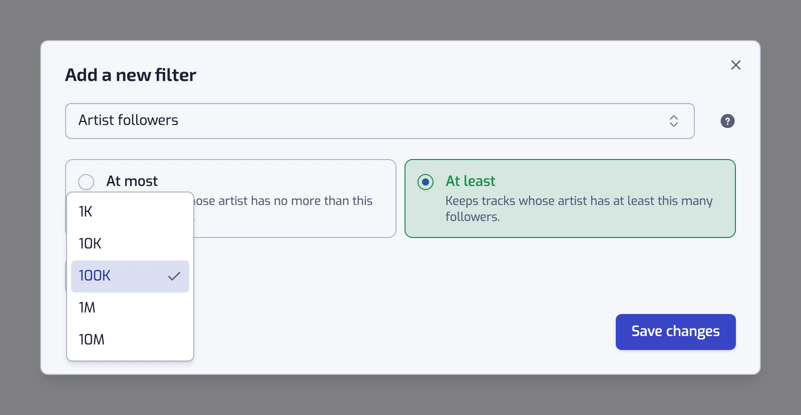 The Artist followers filter dialog with the At least and At most cards and the follower count list open