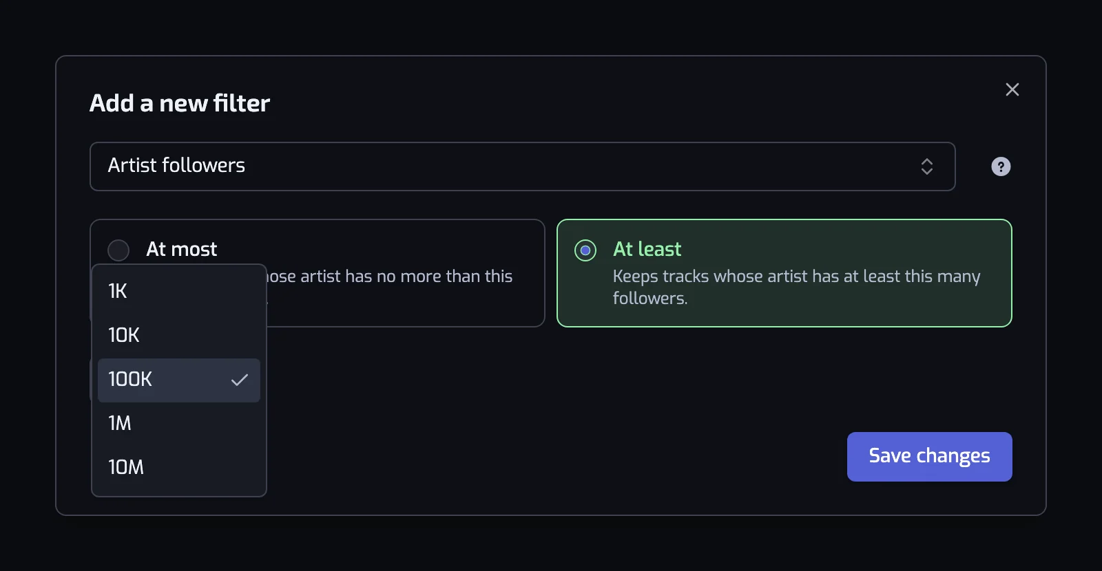 The Artist followers filter dialog with the At least and At most cards and the follower count list open