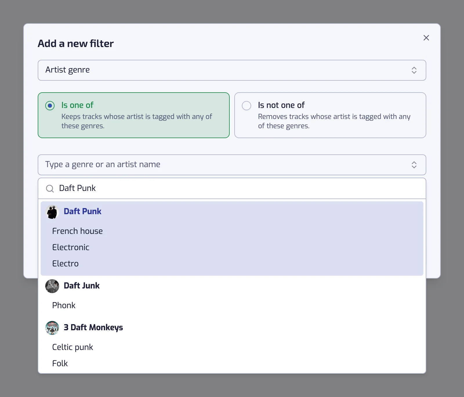 The Artist genre filter dialog with the Is one of card selected and a genre search showing an artist and their genres