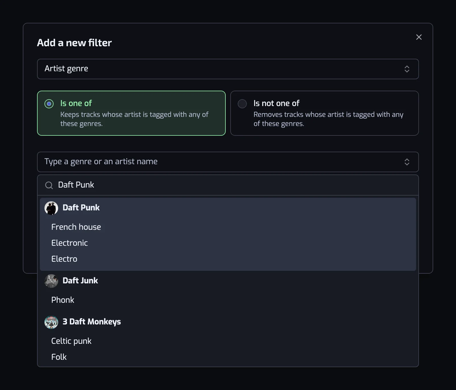 The Artist genre filter dialog with the Is one of card selected and a genre search showing an artist and their genres