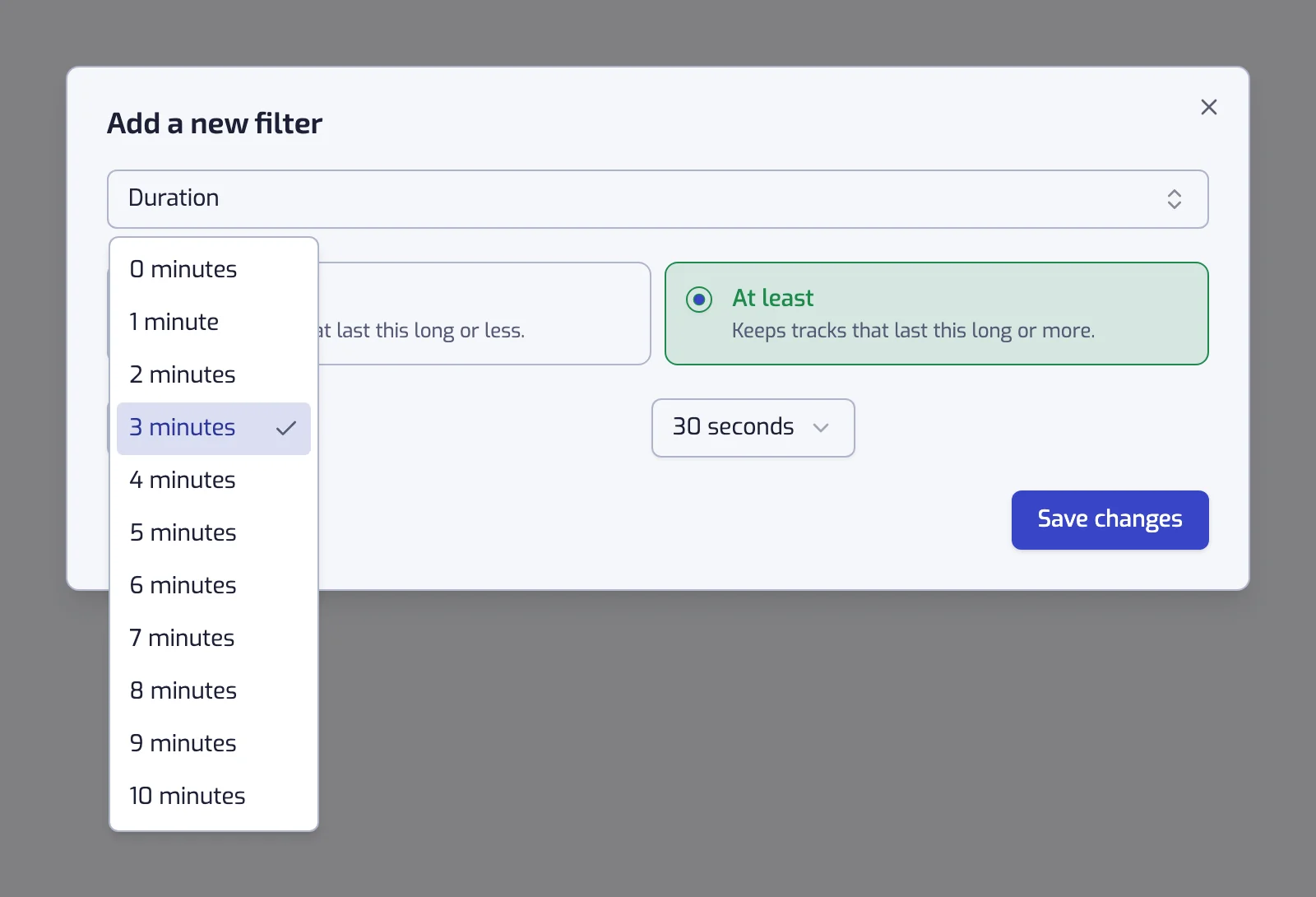 The Duration filter dialog with the At least and At most cards, the minutes list open next to the seconds control