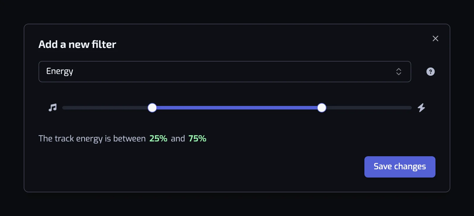 The Energy filter dialog with its two-handle slider and the sentence it produces
